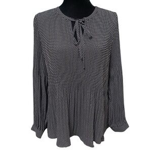 Adrianna Papell Black Polka Dot Tie Neck Pleated Blouse Retro Style Large